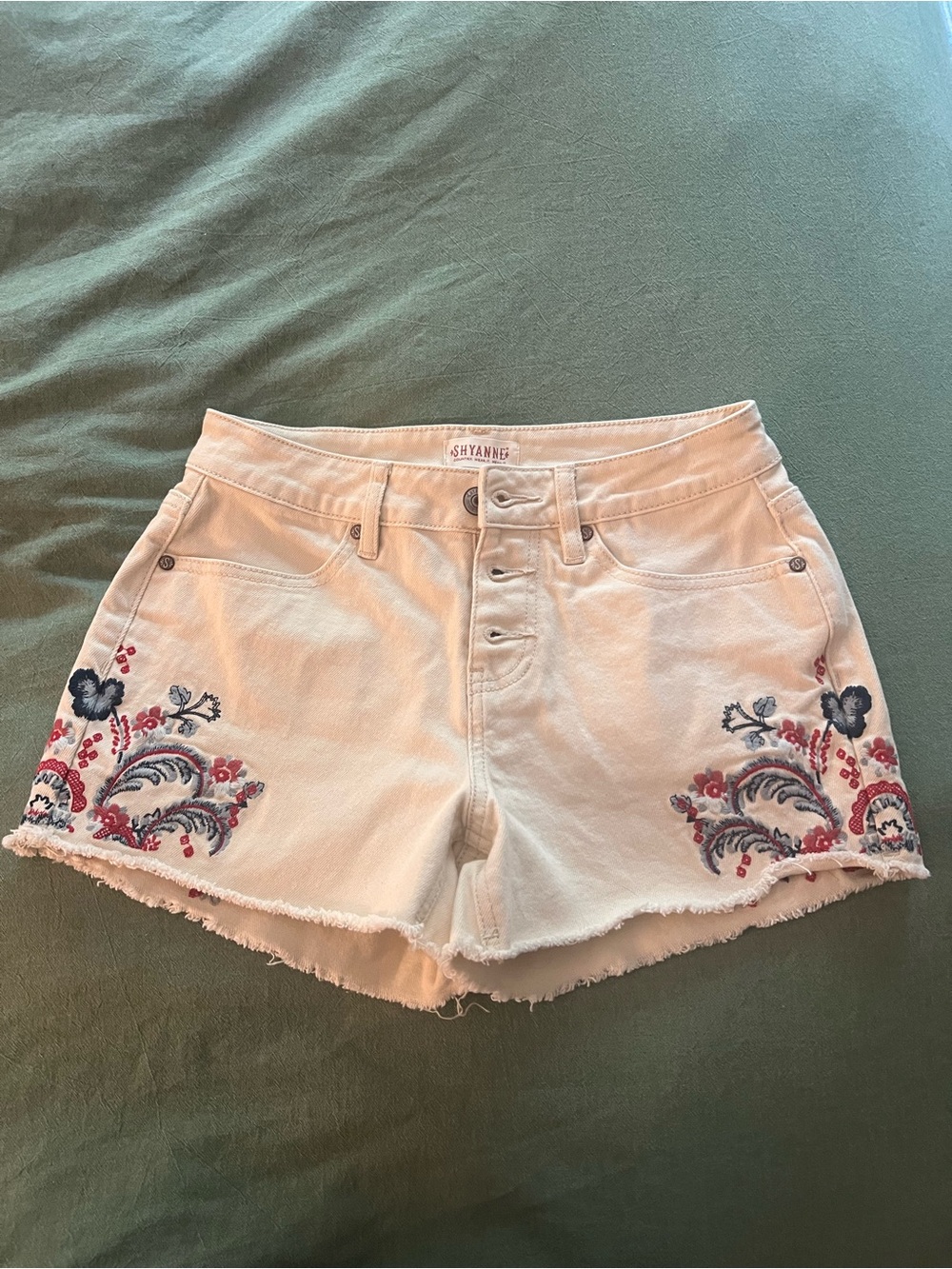 Shyanne Cream Denim Shorts with Pink & Blue Floral Embroidery